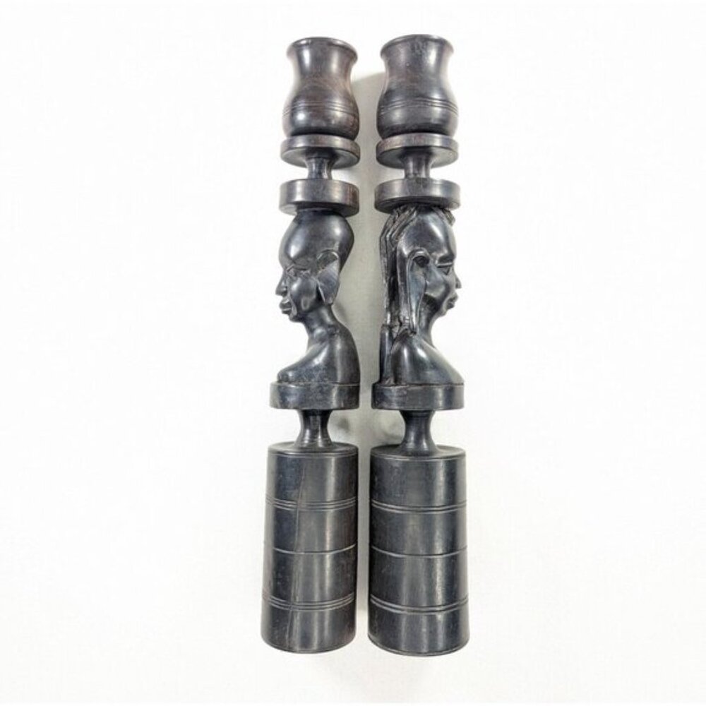 Vintage African carved wooden candlestick holders Hand
